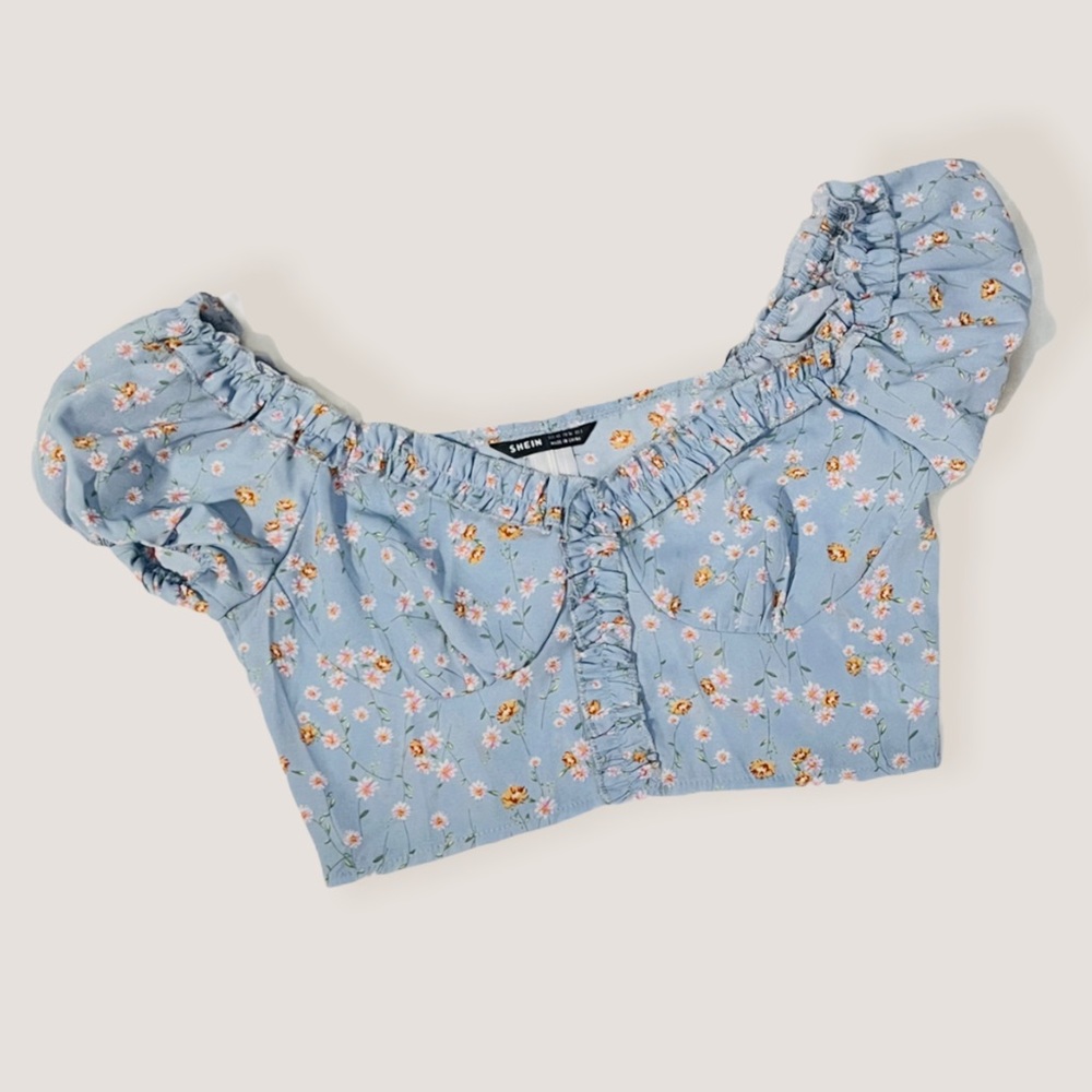 SHEIN | Floral Crop Blouse | Baby Blue | XS | NWOT